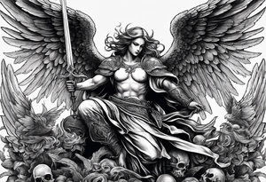 Angel with long sword on a pile of dead demons tattoo idea