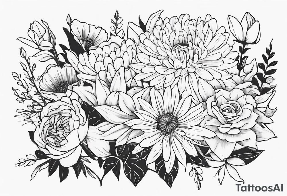 Asters, roses, Lillies, chrysanthemums in a long line tattoo idea