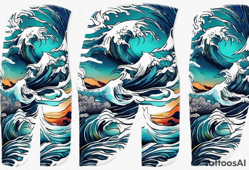 lower leg sleeve with rough ocean tattoo idea