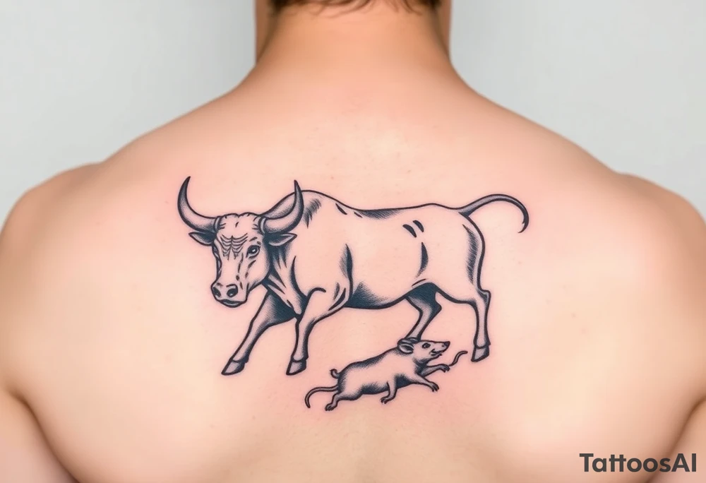 Bull chasing a rat traditional with color lower back tattoo idea