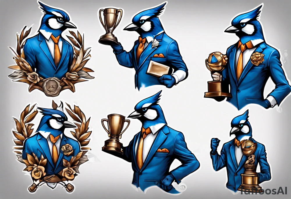 bluejay in a suit holding a trophy tattoo idea