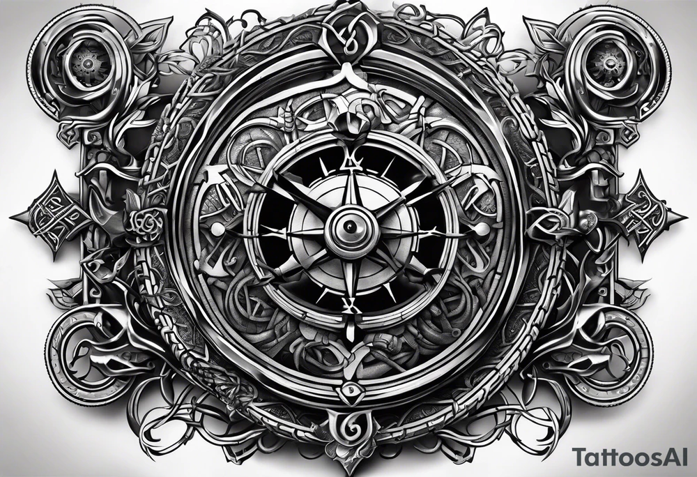 Traditional Celtic styled knot work combined with a steampunk biomechanical sleeve design and has a pirate compass in it tattoo idea