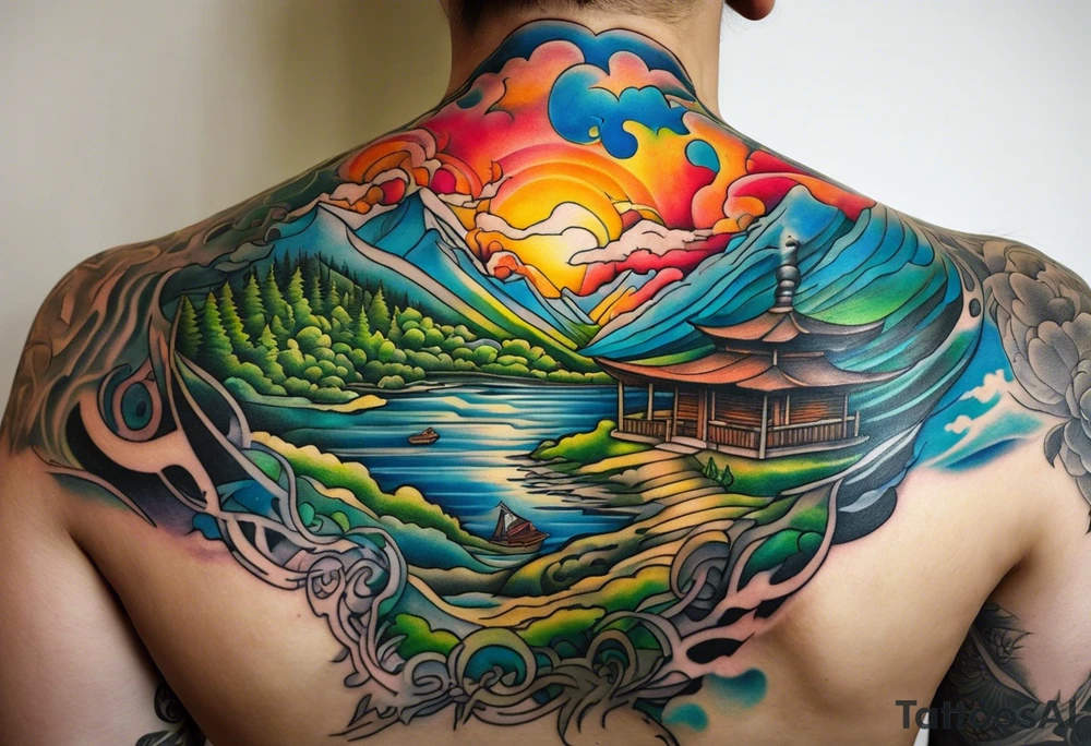 Landscape tattoo on the front neck that's appear to be ejecting from the skin, symbolizing the freedom from censorship. tattoo idea