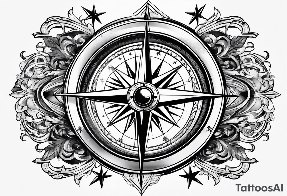 compass surrounded by stars and waves tattoo idea