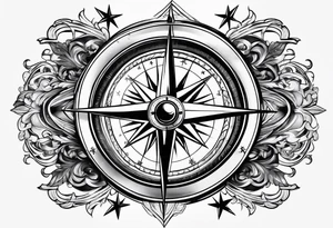 compass surrounded by stars and waves tattoo idea