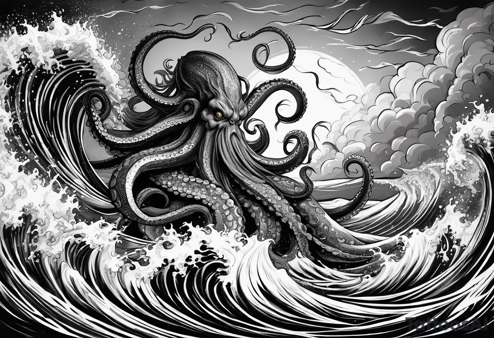 A kraken octopus monster underwater ensnaringthe Greek god Poseidon as he thrust his trident into the beast. Turbulent storm with lightning & waves crashing tattoo idea