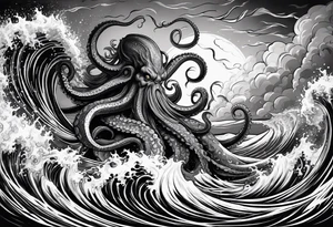 A kraken octopus monster underwater ensnaringthe Greek god Poseidon as he thrust his trident into the beast. Turbulent storm with lightning & waves crashing tattoo idea