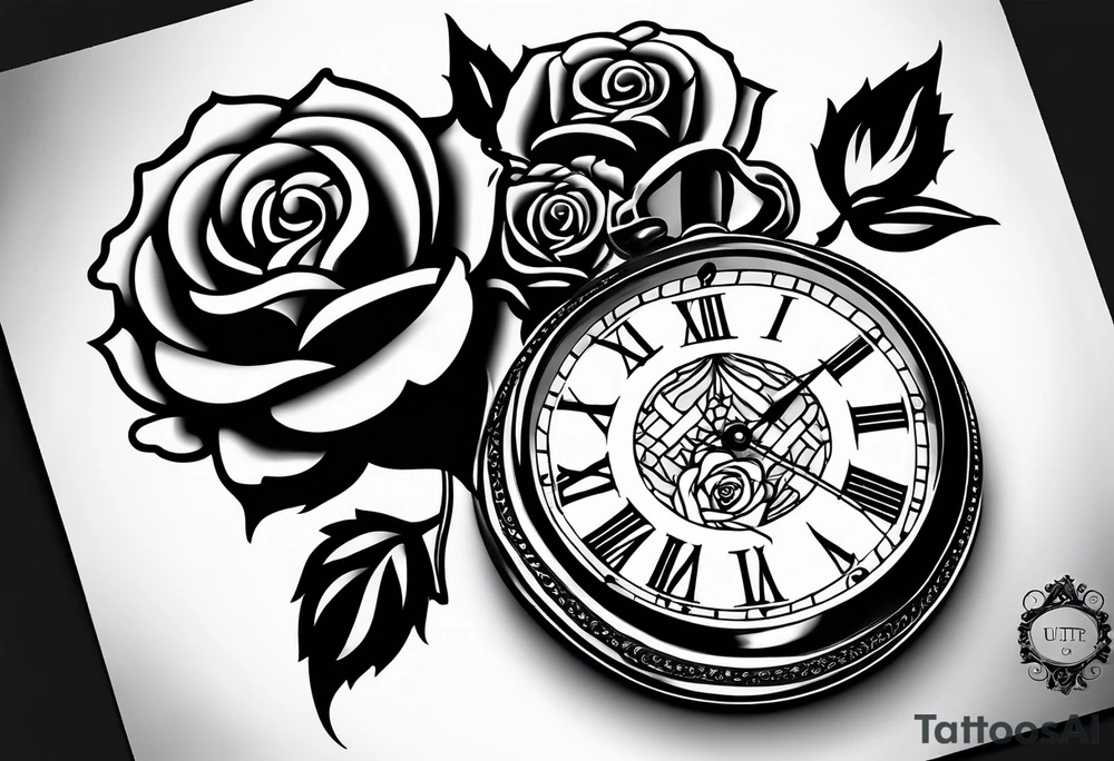 Pocket watch with chain and roses tattoo idea