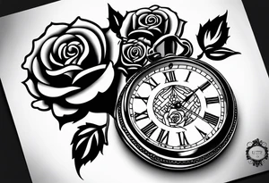 Pocket watch with chain and roses tattoo idea