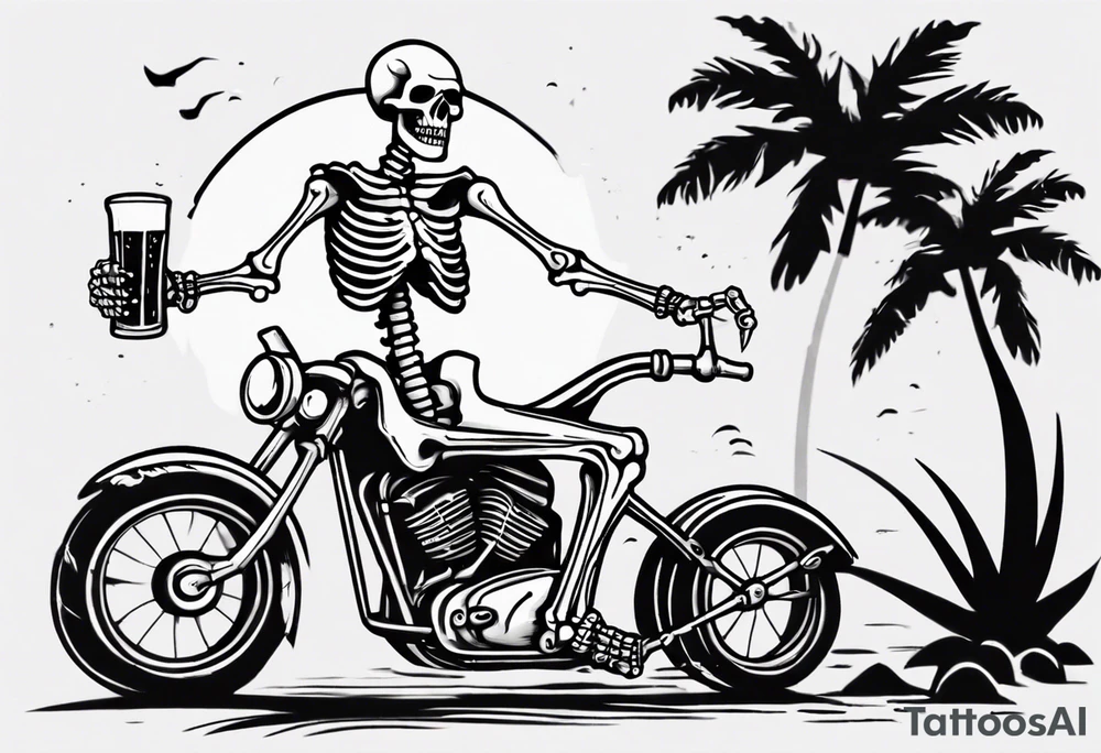 A skeleton sitting on a motorcycle on the beach drinking a beer tattoo idea A skeleton sitting on a motorcycle on the beach drinking a beer tattoo idea