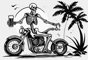 A skeleton sitting on a motorcycle on the beach drinking a beer tattoo idea