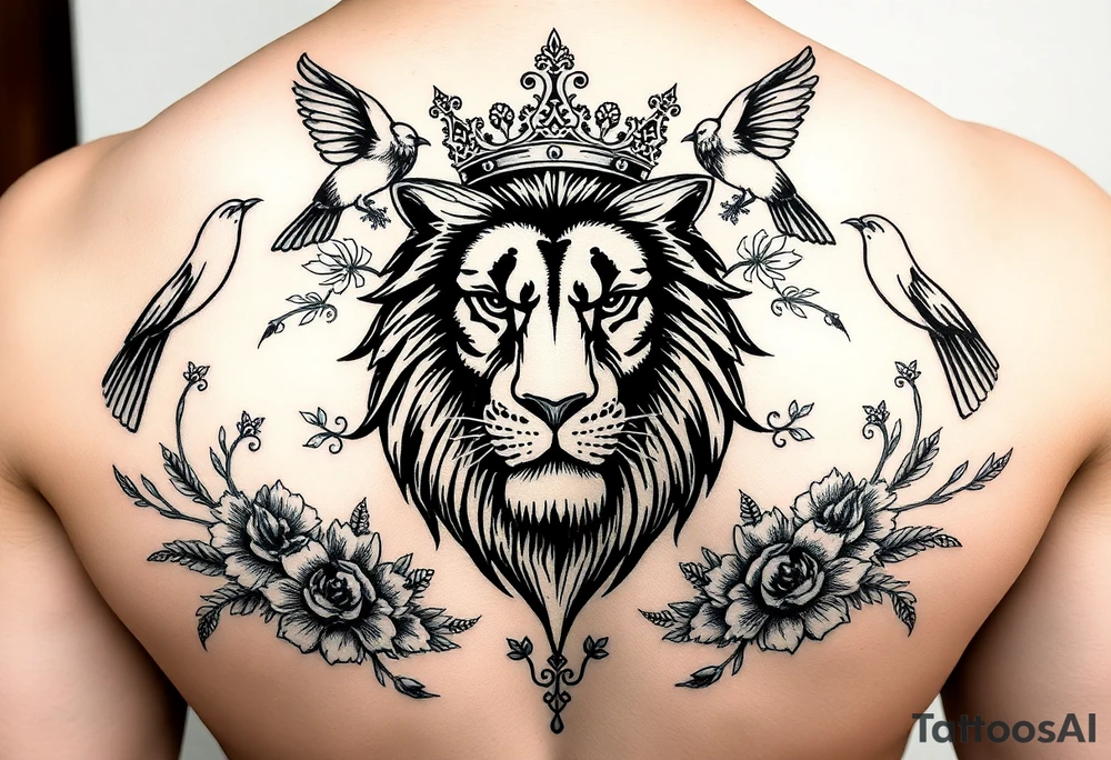 powerful majestic lion with a crown, surrounded by floral ornaments and birds tattoo idea
