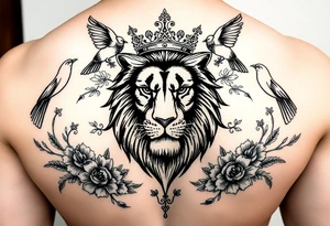 powerful majestic lion with a crown, surrounded by floral ornaments and birds tattoo idea