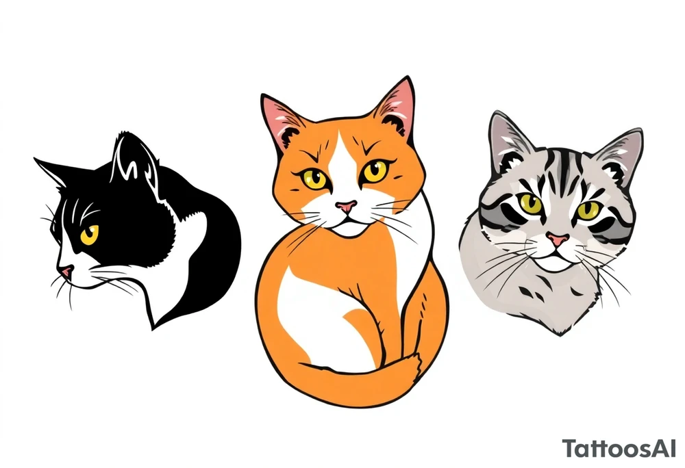 three cats, one black and white cat, one orange and white cat and one grey tabby cat tattoo idea