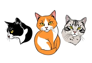 three cats, one black and white cat, one orange and white cat and one grey tabby cat tattoo idea