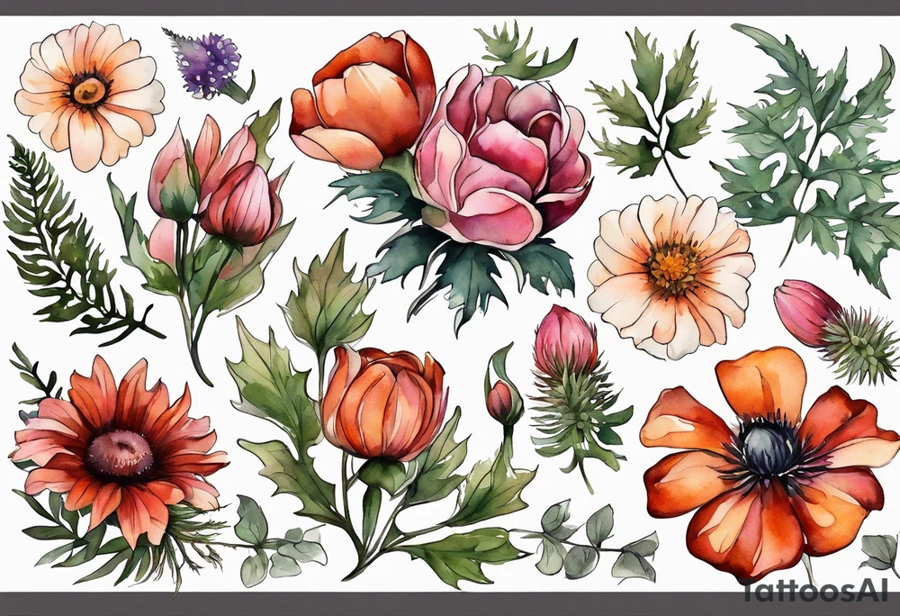 wildflowers with thistles, ferns, white flowers, cream flowers, pink flowers, burnt orange flowers, red flowers and all in watercolor tattoo idea
