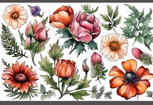 wildflowers with thistles, ferns, white flowers, cream flowers, pink flowers, burnt orange flowers, red flowers and all in watercolor tattoo idea