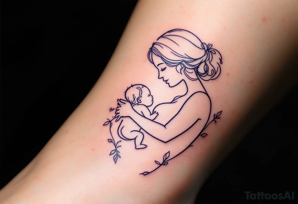 A minimalist outline of a mother breastfeeding her baby in soft lavender ink celebrates nurturing love. tattoo idea