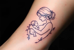 A minimalist outline of a mother breastfeeding her baby in soft lavender ink celebrates nurturing love. tattoo idea