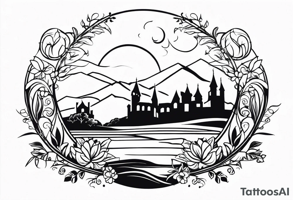 medieval tribal city 
floral  land  vignette tattoo idea