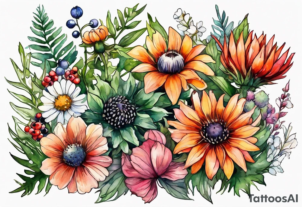 wildflowers with thistles, ferns, white flowers, cream flowers, sun flowers, orange flowers, green flowers, pink flowers, red flowers, berries and all in watercolor tattoo idea