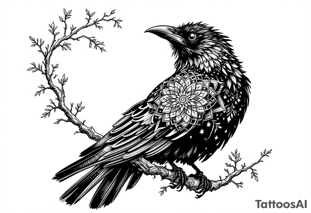 Black Raven on a branch looking over its shoulder with mandala tattoo idea