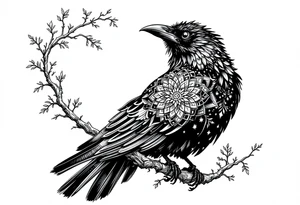 Black Raven on a branch looking over its shoulder with mandala tattoo idea