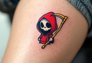A cartoon-style Grim Reaper in a bright red hoodie holding a yellow scythe. tattoo idea