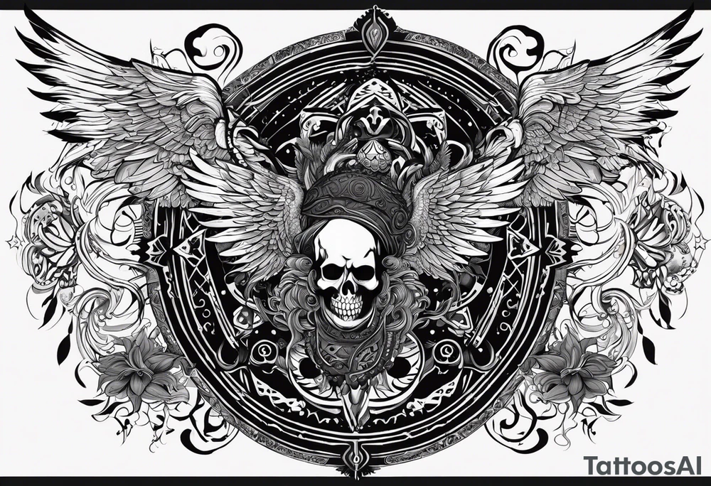 black kali, goddess pirate, alien, angel, pachamama, valkrye, warrior, flying, skull, lotus azul, wing, eagle, zenza resonance, stars, 5D, anahata chakra, death, durga, riding on a tiger, flying lady tattoo idea