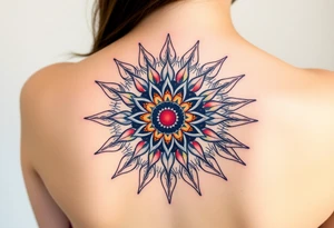 A sunburst pattern radiating from the Flower of Life centered in round cyrcle, embodying energy and vitality tattoo idea