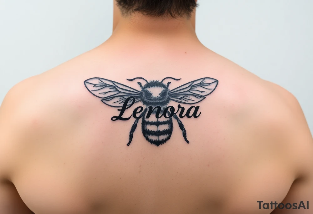 "Lenora" written in Hebrew inside of a bumblebee tattoo idea