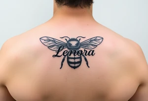 "Lenora" written in Hebrew inside of a bumblebee tattoo idea