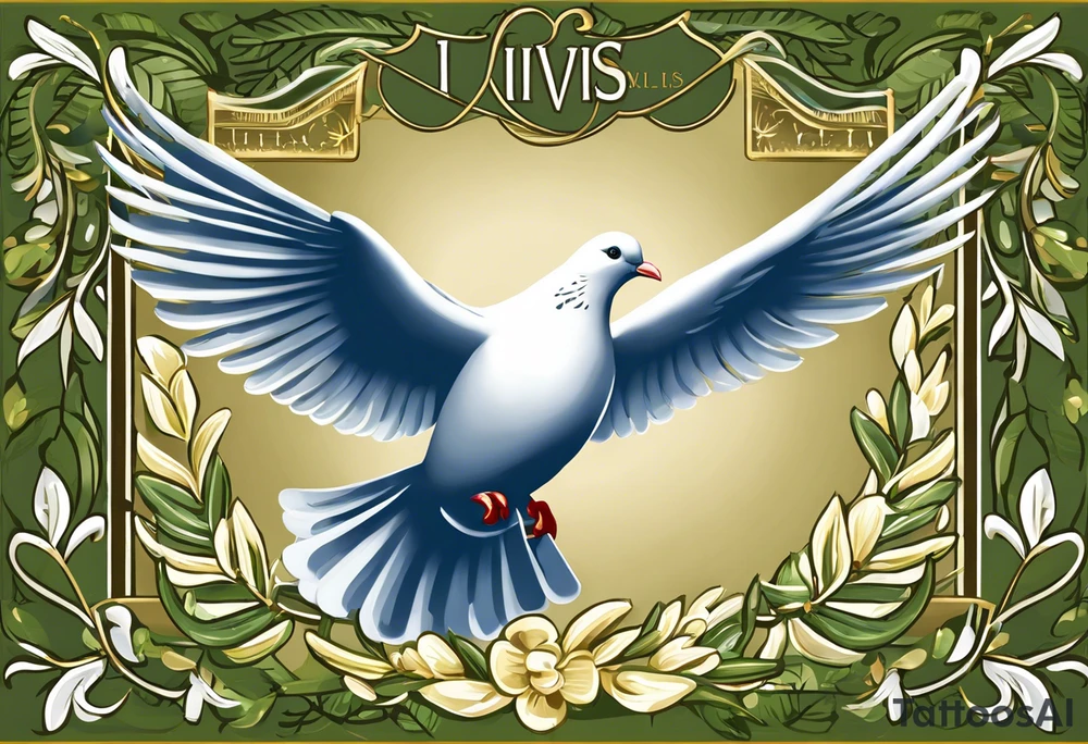Dove soring through the air clasping an olive branch in its talons. The olive branch is fluttering in the wind with leaves from the branch floating behind the dove. The leaves transform into spear heads the further away from the dove they get. The words 'Si vis Pacem, para bellum' is boldly transcribed underneath the scene tattoo idea