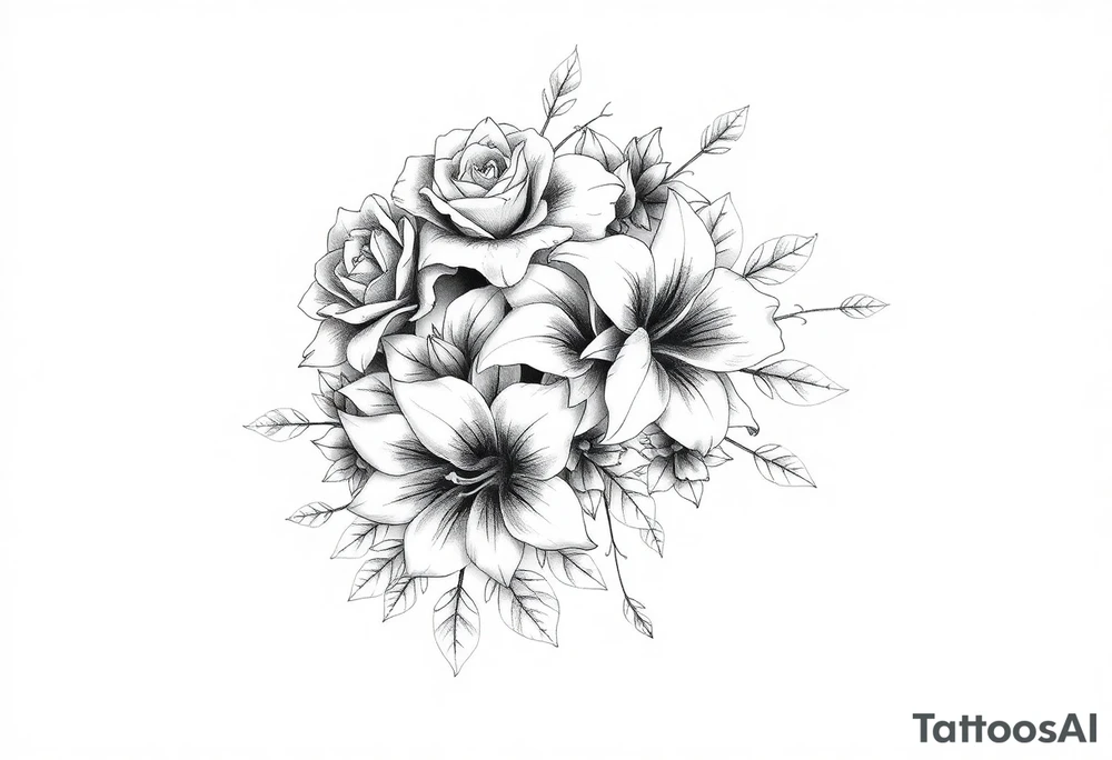 Arm and shoulder tattoo including roses, Lilly’s, and other beautiful flowers tattoo idea