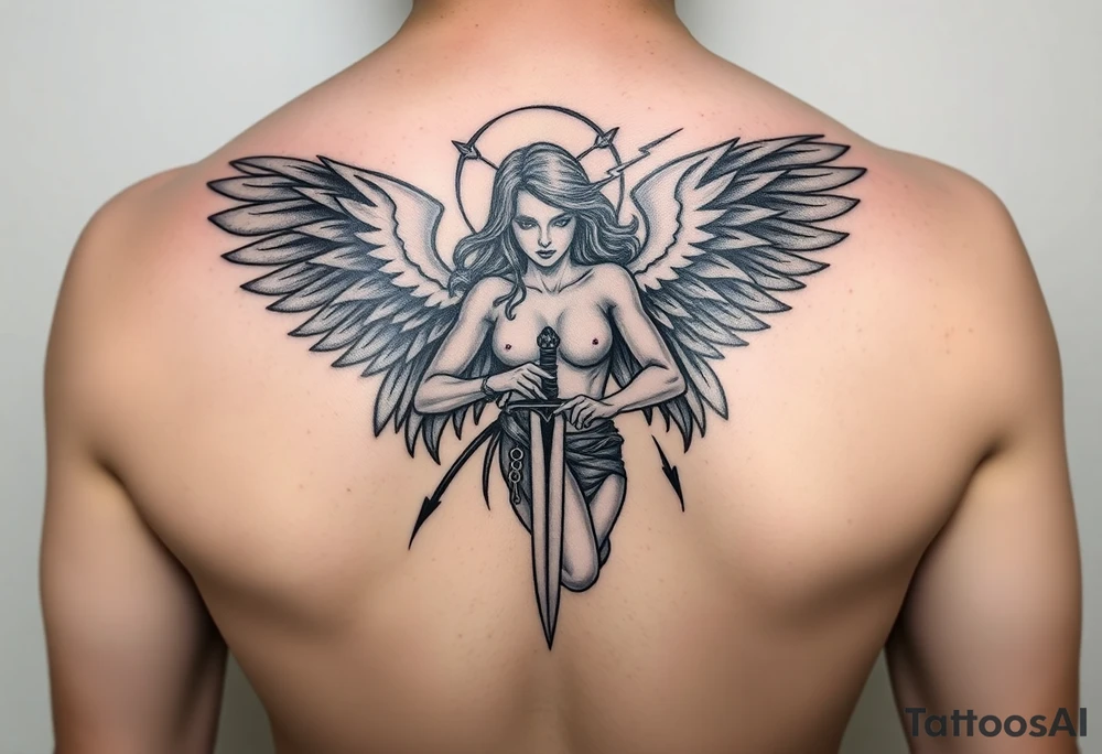 Fierce Female Angel warrior with dagger and realistic lighting bolts going around body Greek mythology style with dark shading tattoo idea