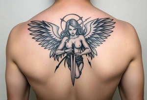 Fierce Female Angel warrior with dagger and realistic lighting bolts going around body Greek mythology style with dark shading tattoo idea