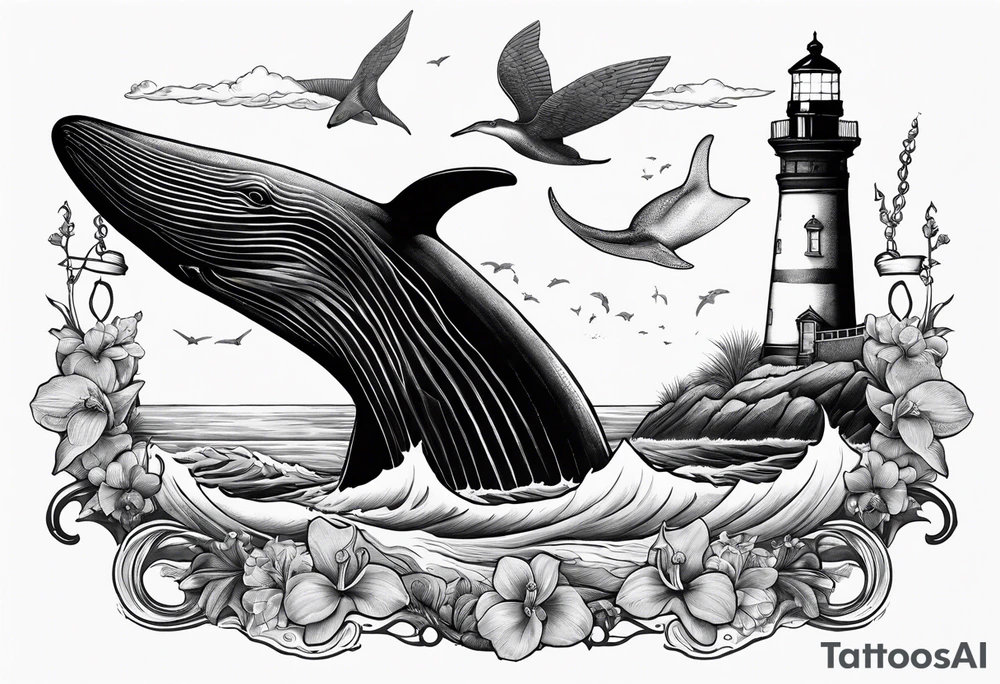 Lighthouse on a beach with a humpback whale's tail sticking out of the water of the ocean with a border containing an anchor and orchids tattoo idea