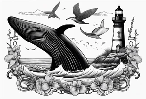 Lighthouse on a beach with a humpback whale's tail sticking out of the water of the ocean with a border containing an anchor and orchids tattoo idea