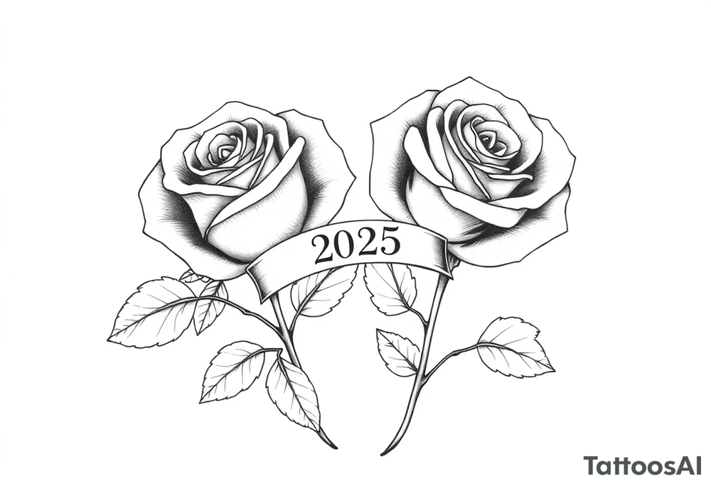 two beautiful large rose buds, one larger than the other, with lots and lots of leaves next to the rose buds, with one sitting slightly higher than the other, side-by-side.  Include a banner connecting the two roses with the year 2025 on it.   Use dark outlines with little shading. No stems tattoo idea