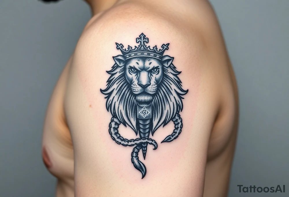 Full arm tattoo, Poseidon , a powerful and majestic lion with a crown and in the middle of this crown a square is a freemason's compass, a realistic scorpion, tattoo idea