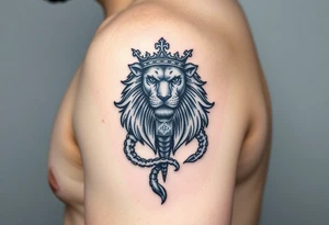 Full arm tattoo, Poseidon , a powerful and majestic lion with a crown and in the middle of this crown a square is a freemason's compass, a realistic scorpion, tattoo idea