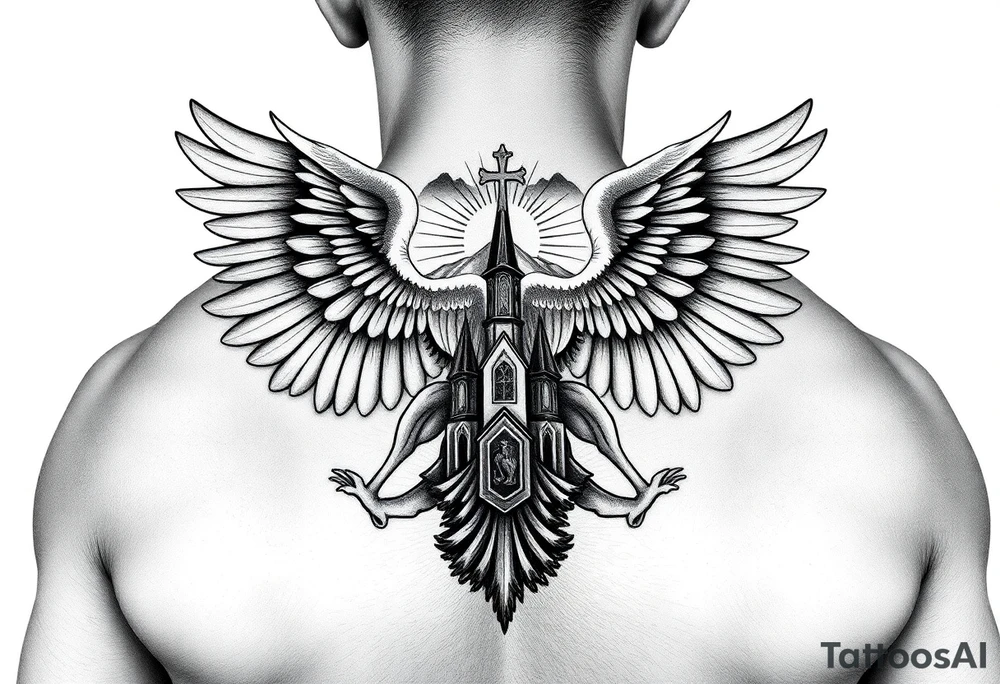 an actual russian coat of arms with the eagles wings spanning out on my back neck across my shoulders / traps with a orthodox christian church being visible in a mountainous sun beaming setting, with the russian orthodox cross spire of the orthodox church being visible on my neck with a sun beaming in the background that the cross sits inside tattoo idea