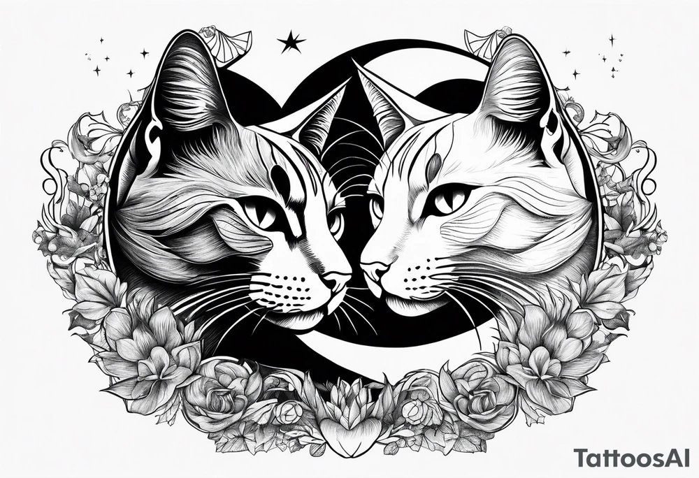 2 cats in laid crescent moon tattoo idea
