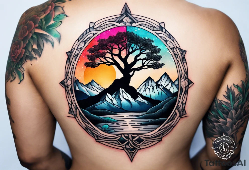 mountain with tree of life tattoo idea