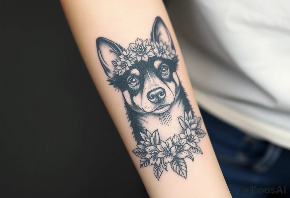 black merle austrailian cattle dog with succulents and flowers surrounding her head tattoo idea