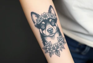 black merle austrailian cattle dog with succulents and flowers surrounding her head tattoo idea
