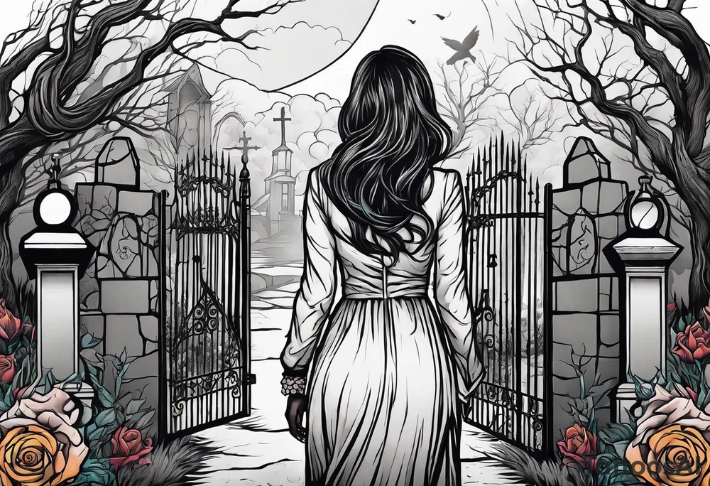 Woman walking out of a graveyard  leaving her old terrifying past behind her tattoo idea