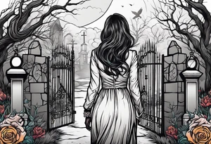 Woman walking out of a graveyard  leaving her old terrifying past behind her tattoo idea