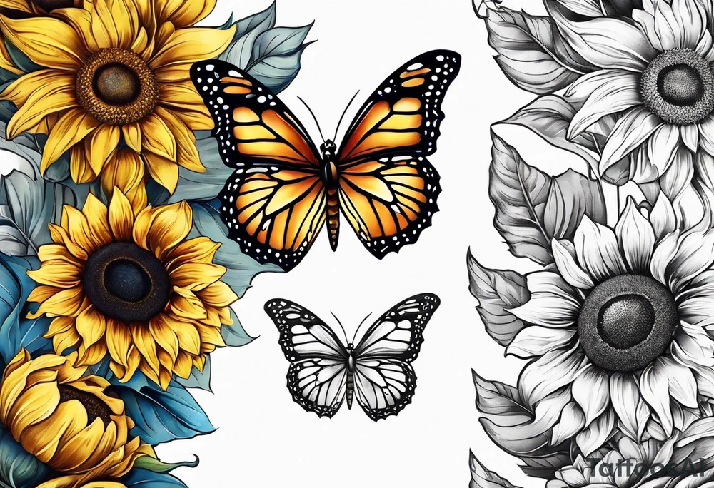 Sunflower and butterfly leg sleeve tattoo idea
