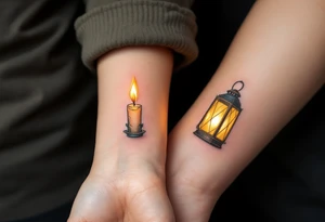 One wears a candle burning in golden flame, and the other a glowing lantern in warm yellow, showing they light each other’s path. tattoo idea